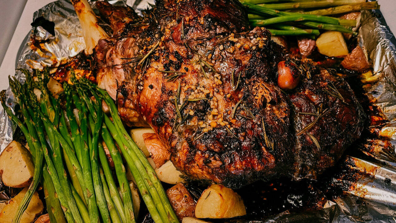 Roasted Lamb Leg, Potatoes, Asparagus, and Olive Oil